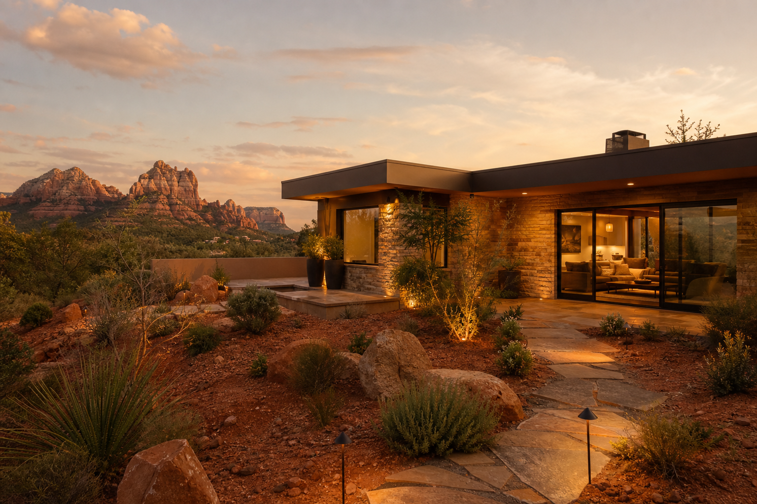 Desert home at golden hour with red rock buttes near Sedona Arizona