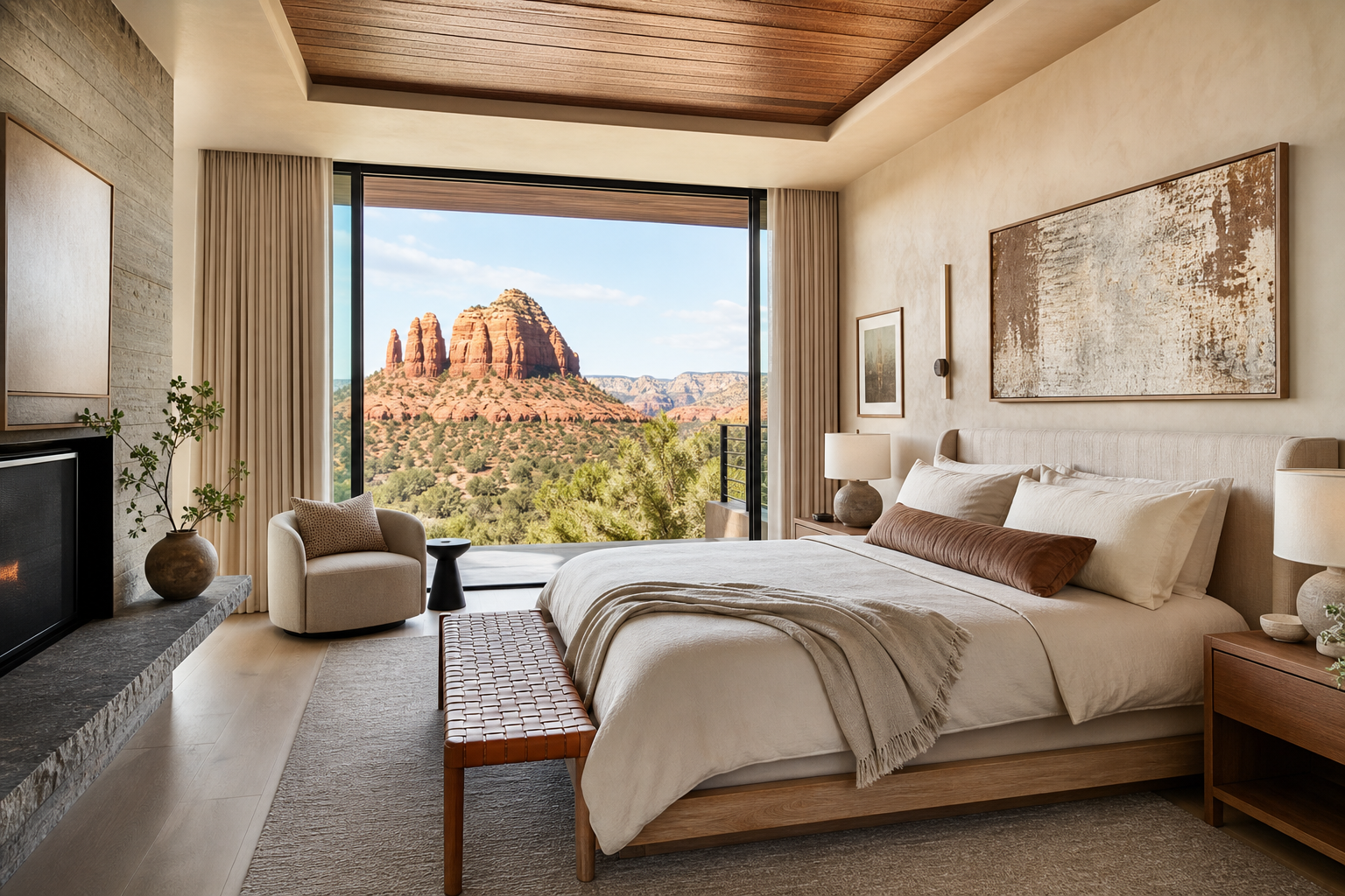Bright primary bedroom suite with a red rock view near Sedona Arizona
