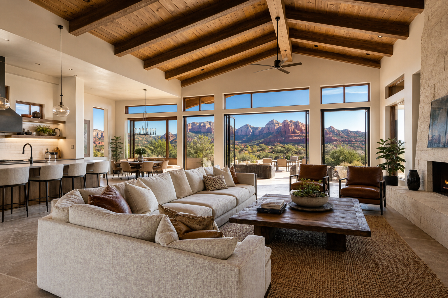 Bright open concept desert home great room with a red rock view near Sedona Arizona