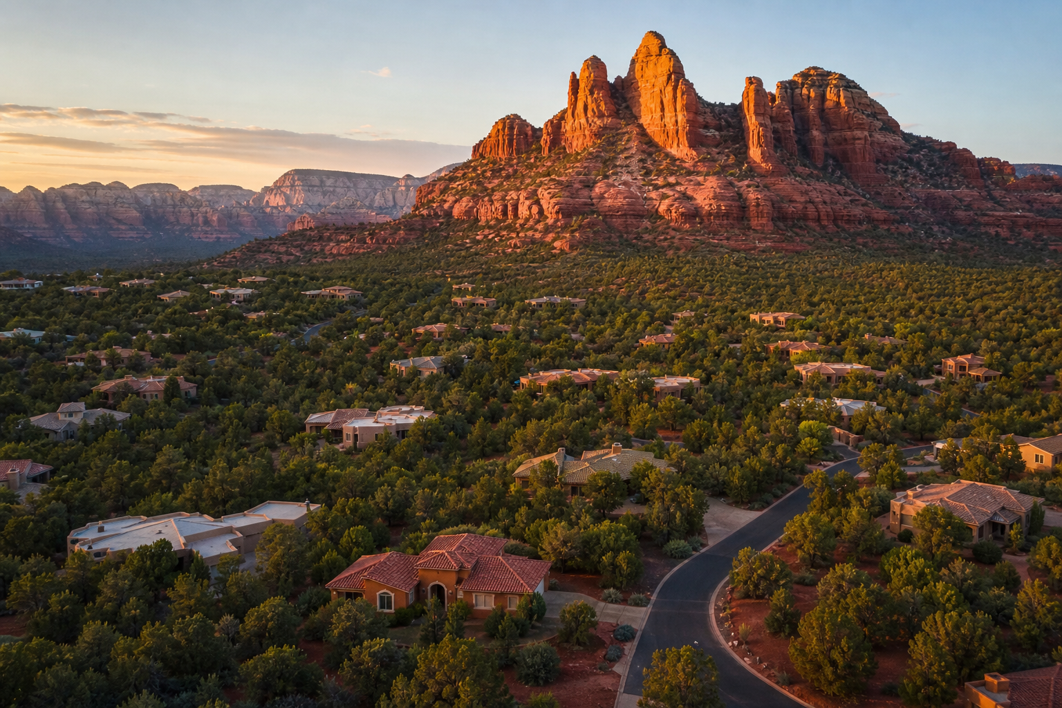 Aerial view of a Sedona Arizona neighborhood with red rock buttes